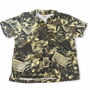 Teddi Vintage Hawaiian Postcard Button-Up Shirt, XL, Tropical Green & Black
